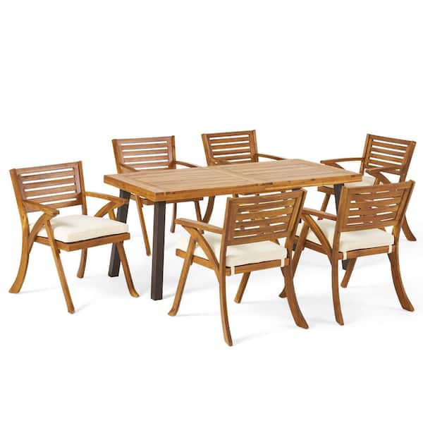 Noble House Scarlet 7-Piece Acacia Wood Rectangular  Outdoor Patio  Dining Set with Cream Cushions