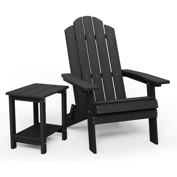 Mximu Black Plastic Outdoor Folding Adirondack Chair with Double Layer Square Side Table