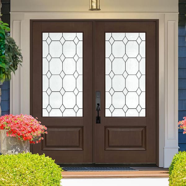 Regency 64 in. x 80 in. 3/4L Marquise Glass RHIS Hickory Stain Fiberglass Double Prehung Front Door with 4-9/16 Jamb
