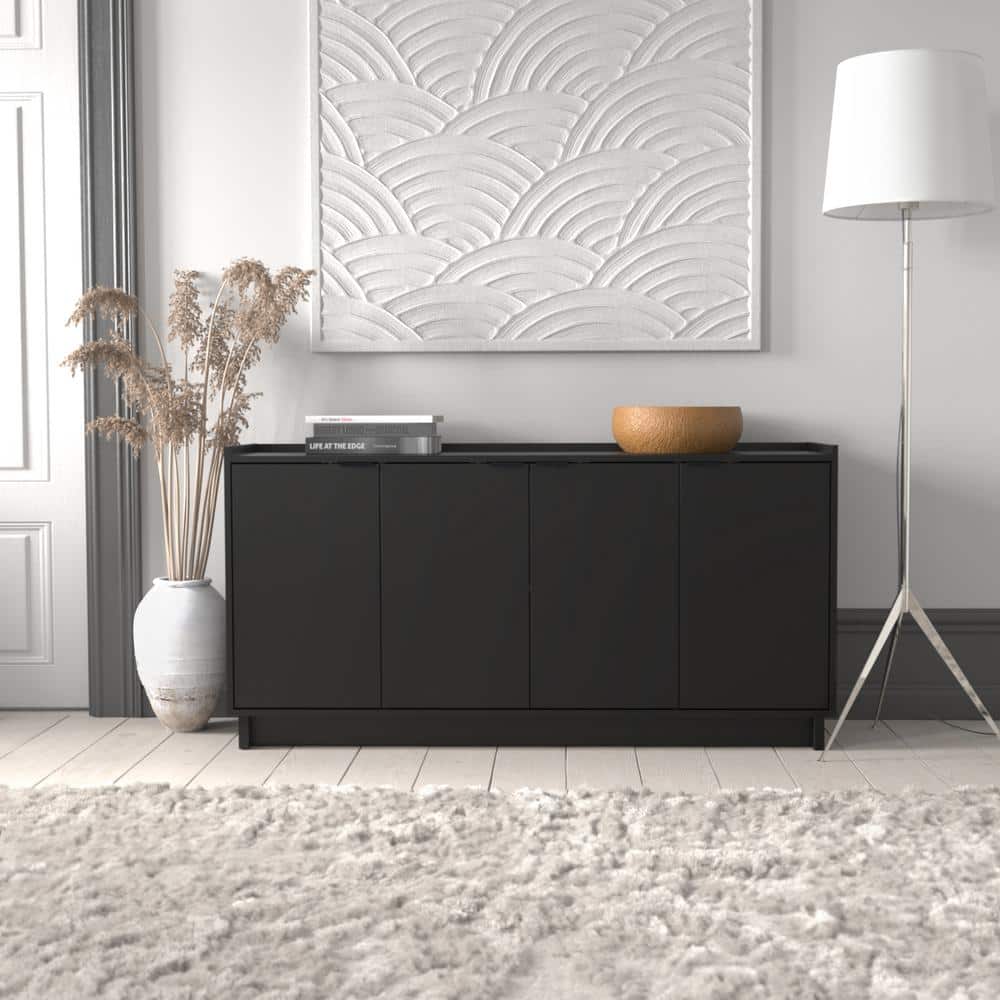 Prepac Black 4-Door Console Table with Adjustable Shelving