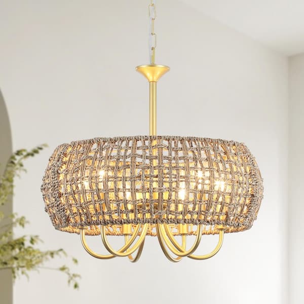 18 in. 6-Light Gold and Brown Natural Rattan Bohemian Drum Chandelier Farmhouse Pendant Light