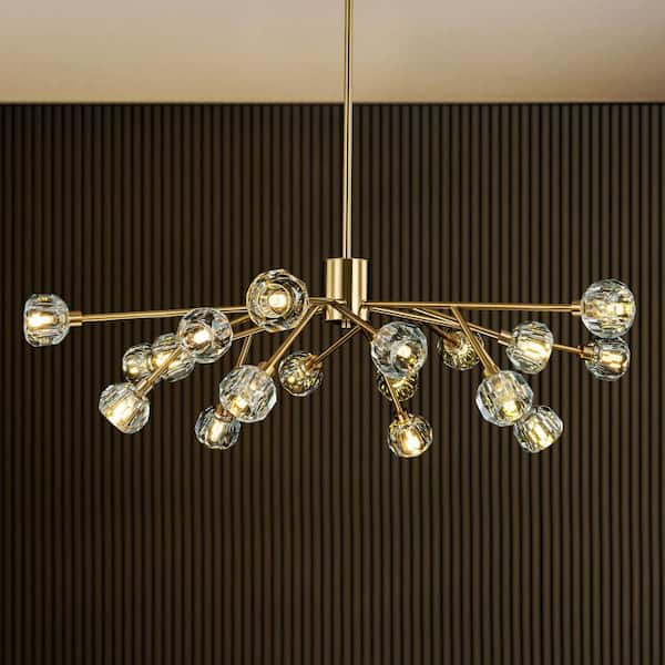 RRTYO Higginsville 18-Light Farmhouse Gold Sputnik Sphere Linear Pendant Chandelier with Crystal Shade