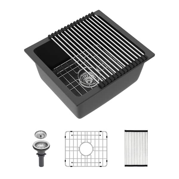 18 in. Undermount Single Bowl Black Quartz Kitchen Sink with Bottom Grids, Drain Board