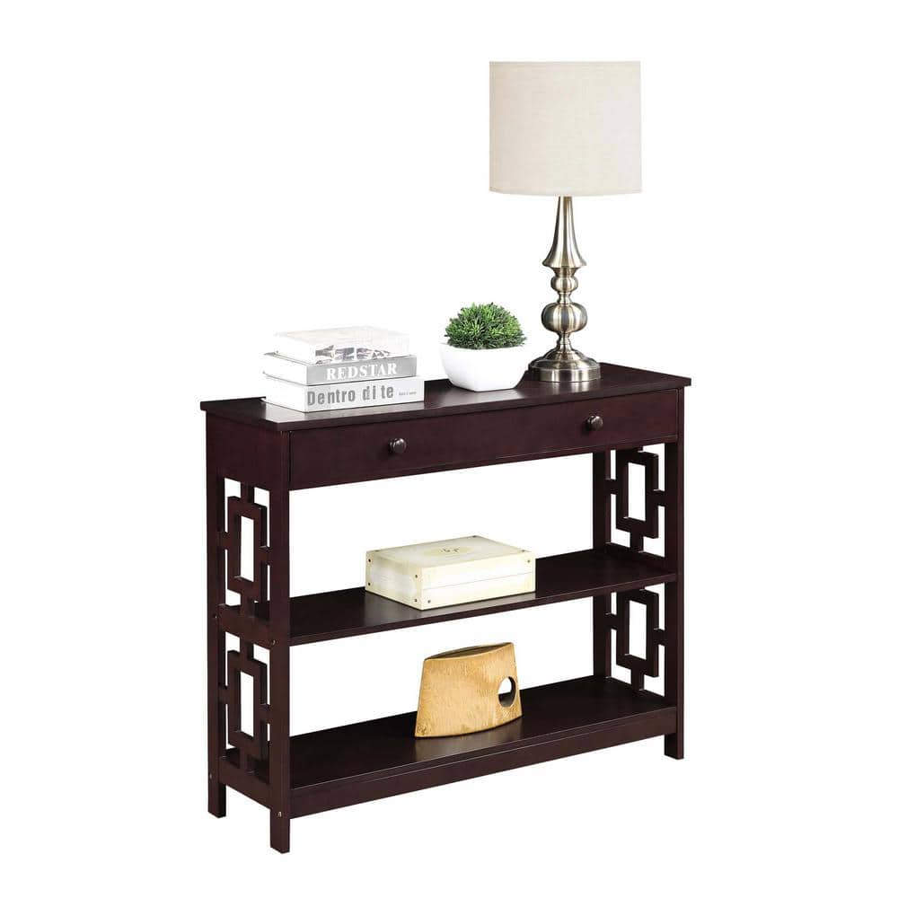 Espresso Wood Console Table with Drawer and Shelves