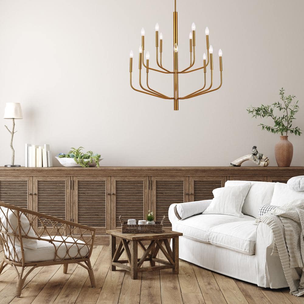 Aged Brass 14-Light Modern Candle Style Chandelier
