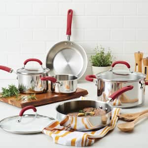 Create Delicious 10-Piece Stainless Steel Cookware Set in Stainless Steel with Red Handles