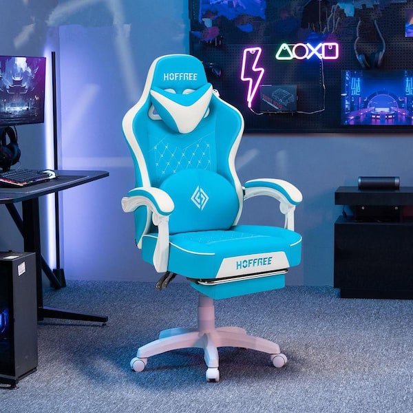 Hoffree Faux Leather Bluetooth Speakers Ergonomic Gaming Chair in Sky Blue with Vibration Lumbar Pillow POA10834071 Hoffree Faux Leather Bluetooth Speakers Ergonomic Gaming Chair in Sky Blue with Vibration Lumbar Pillow POA10834071
