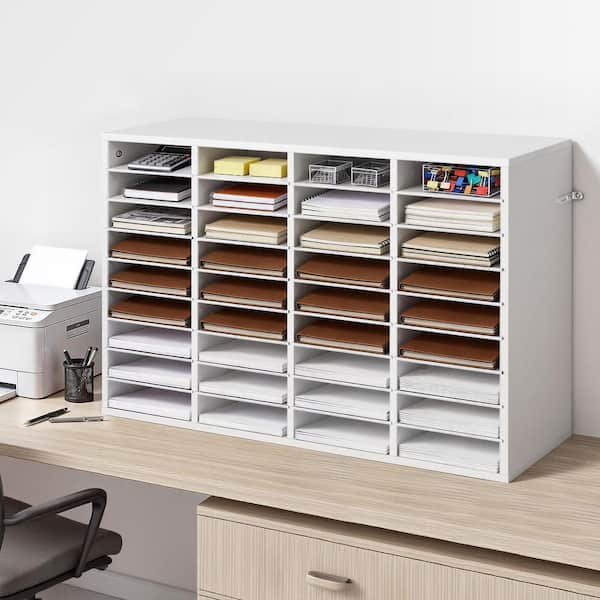 White 36-Compartment Literature Organizer with Adjustable Shelves, Wooden Mail Sorter for Office and Home 2025 update