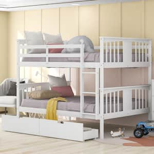 White Full Wood Bunk Bed with Drawers and Ladder