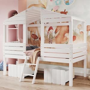 Twin Size Low Loft Wood House Bed with Two Storage Drawers,Roof and Window, Playhouse for Kids