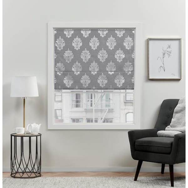 Marseilles Damask Grey Cordless Total Blackout Roman Shade 34 in. W x 64 in. L