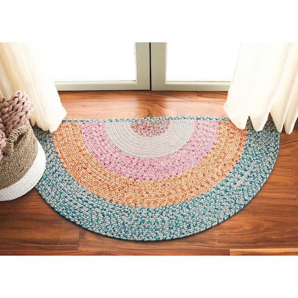 Braided Aqua/Pink 2 ft. x 4 ft. Machine Washable Solid Striped Border Specialty Area Rug