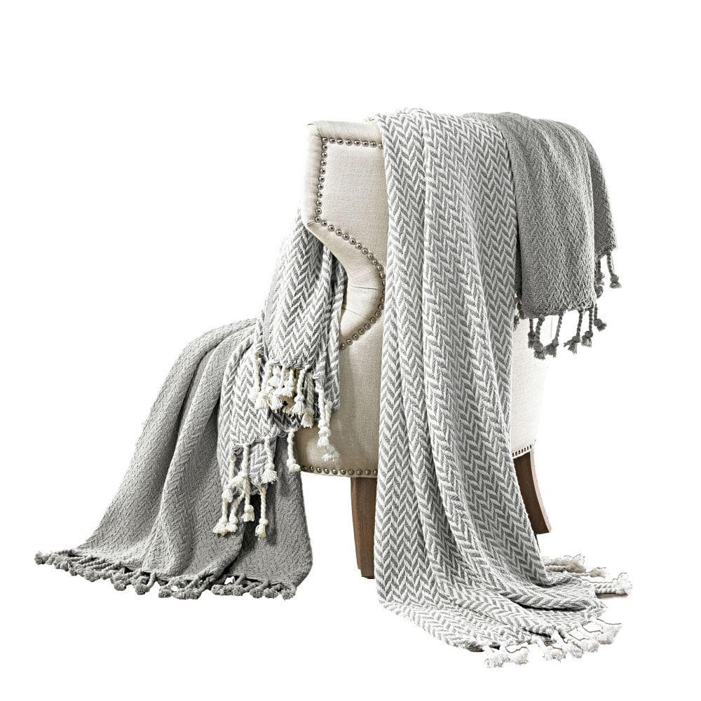 Gray and White Herringbone Cotton Throw Blanket Set