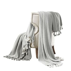 Calabria Herringbone Gray and White Cotton Throw Blanket (Set of 2)