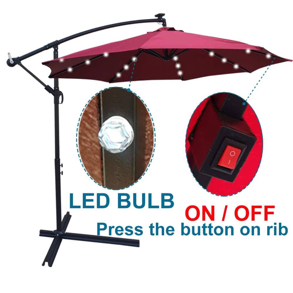 Zeus & Ruta 10 ft. Outdoor Powered LED Lighted Sun Shade Market Solar Waterproof 8 Ribs Umbrella in Red