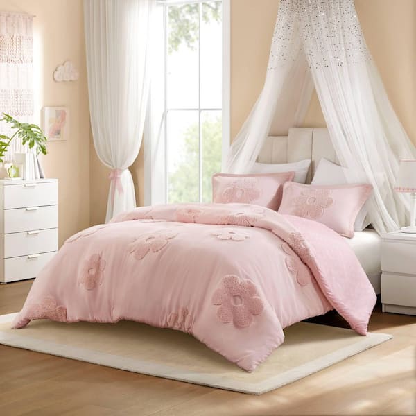 Madeline 3-Piece Pink Polyester Full/Queen Floral Reversible Tufted Chenille Duvet Cover Set