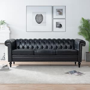 83.5 in. W Flared Arm Faux Leather Straight Sofa in Black With Nailhead