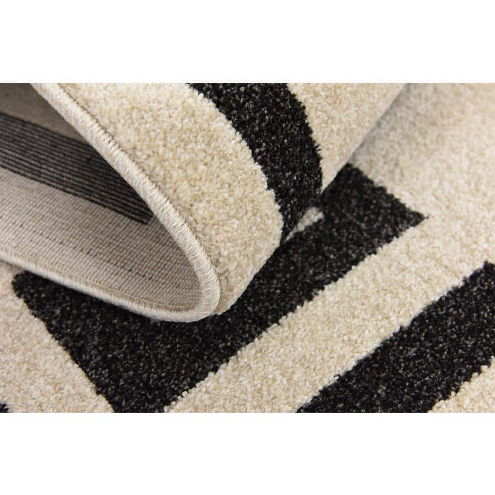 Beige and Black Geometric Border Square Rug, 8 ft