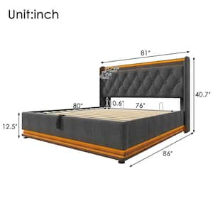 Gray Wood Frame King Size Linen Upholstered Platform Bed with 360 Surround LED Function and USB Type-C charging