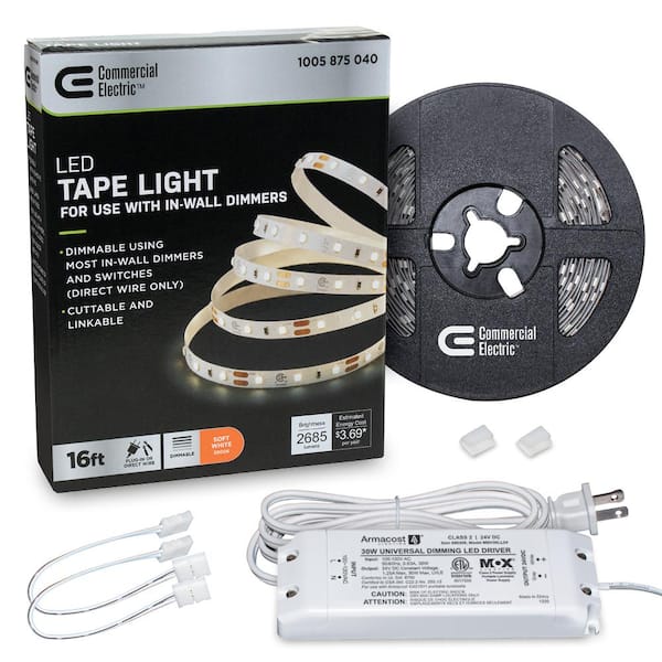Commercial Electric 16 ft. LED AC Dimmable White Tape Light Kit Under Cabinet Light