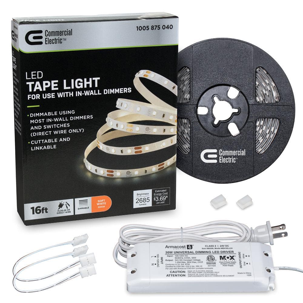 16 ft. LED AC Dimmable White Tape Light Kit Under Cabinet Light ...