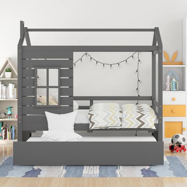 Gray Twin Size Kids House Bed Platform Bed with Roof and Safety Rail, Wood  Kids Canopy Bed Frame with Fence