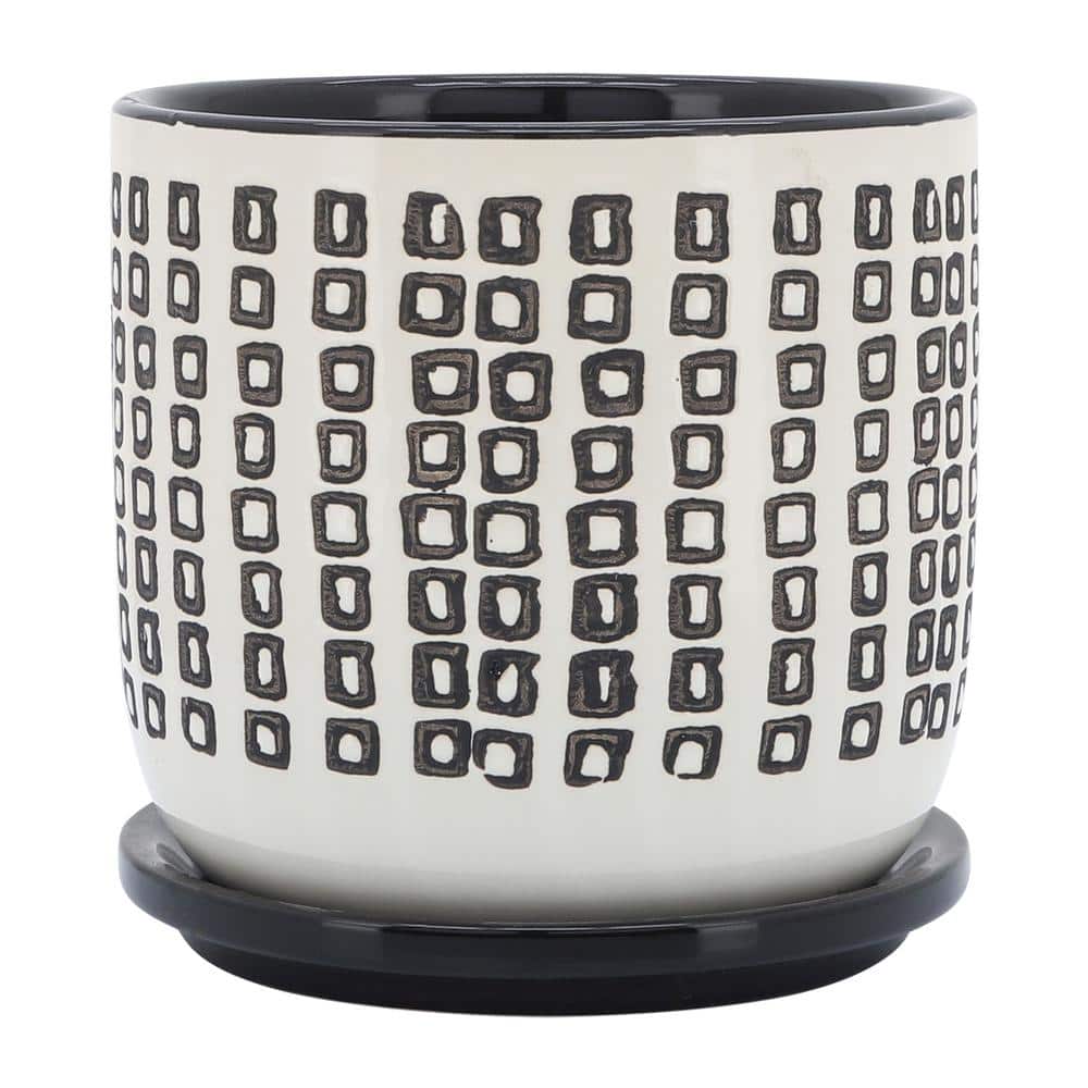 Flynama 6 in. Black and White Ceramic Planter Stand Plant Pot with Wood Stand Feet for Outdoor