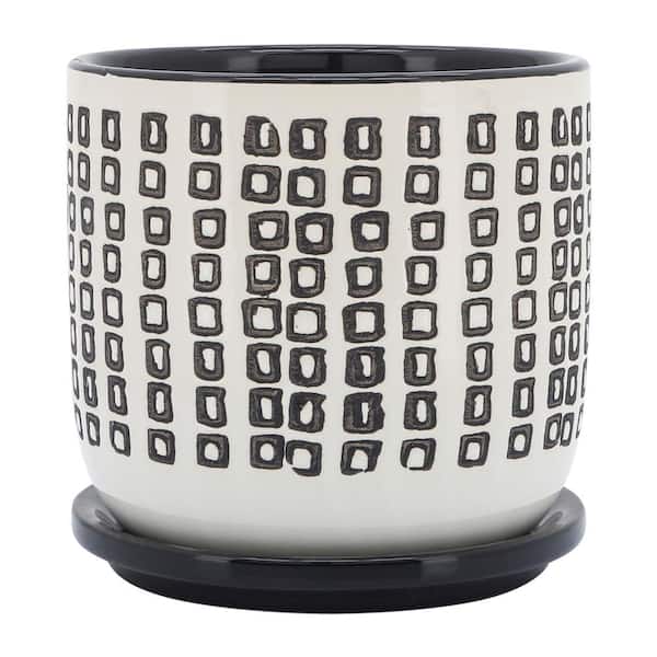 Flynama 6 in. Black and White Ceramic Planter Stand Plant Pot with Wood Stand Feet for Outdoor/Indoor (1-Pack)