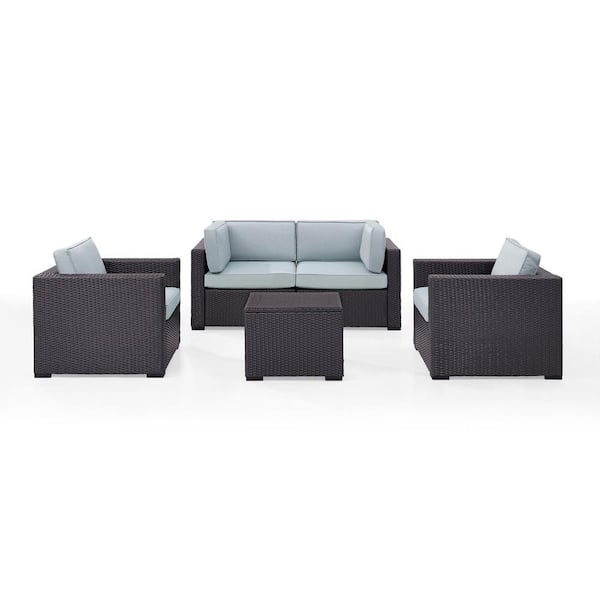 CROSLEY FURNITURE Biscayne 4-Person Wicker Outdoor Seating Set with Mocha Cushions 2-Armchairs, 2-Corner Chair and Coffee Table