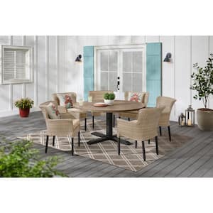 Devonwood 7-Piece Light Brown Steel Wicker Outdoor Dining Set with CushionGuard Toffee Trellis Tan Cushions