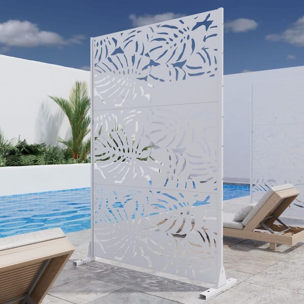 6 ft. x 4 ft. Privacy Fence Screen White Galvanized Metal for Garden Fence in Floral Pattern