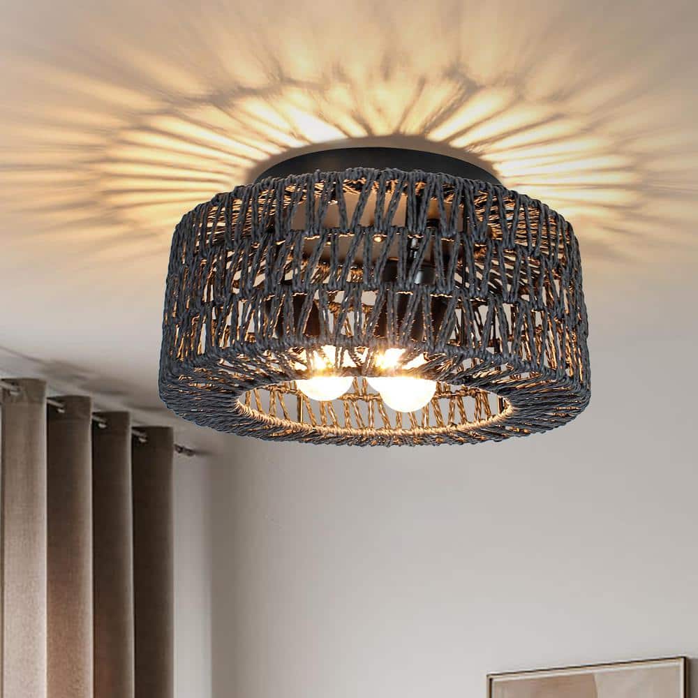 11.8 in. 3-Light Black Rattan Flush Mount Ceiling Light with Hand-Woven Cage Shaded for Hallway Bedroom price history on PriceWatchPro