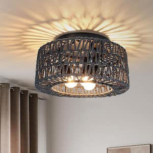 11.8 in. 3-Light Black Rattan Flush Mount Ceiling Light with Hand-Woven Cage Shaded for Hallway Bedroom