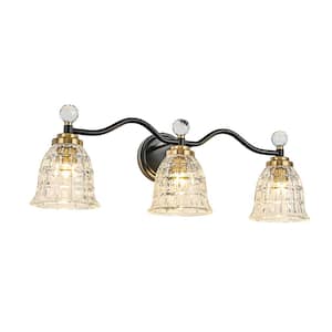26.77 in. 3-Light Black and Gold Chandelier Bathroom Vanity Light Fixture with Textured Glass Shade