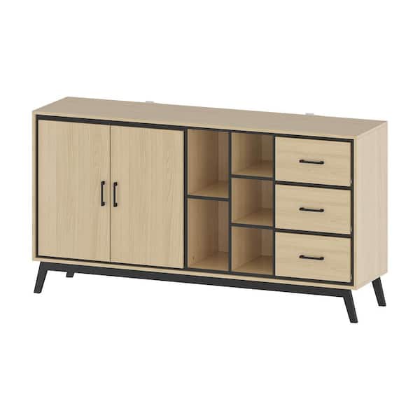 FUFU&GAGA Burly Wood Color and Black 33 in. Height Storage Cabinet with 2 Doors, 5 Open Shelves and 3 Drawers