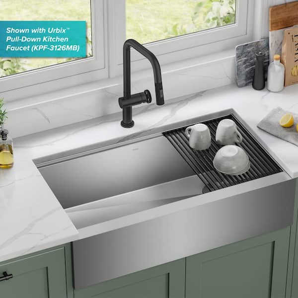 Reviews for KOHLER Vault Farmhouse Undermount Apron Front Stainless Steel  36 in. Single Bowl Kitchen Sink Kit with Basin Rack