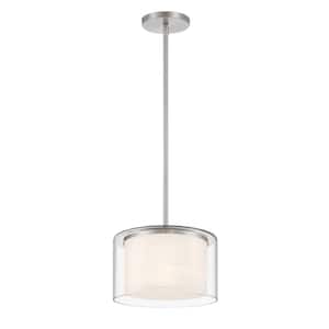Parsons Studio 1-Light Brushed Nickel Drum Pendant with Clear and Etched White Glass Shade