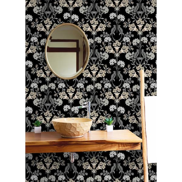 Black and Neutral Meadow Song Vinyl Matte Peel and Stick Wallpaper Sample