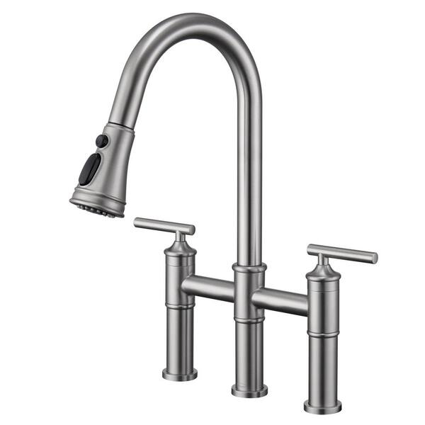 Unbranded Double Handle Pull Down Sprayer Bridge Kitchen Faucet in Brushed Nickel with 3-Spray Patterns