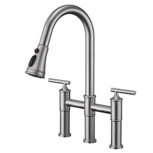 Double Handle Pull Down Sprayer Bridge Kitchen Faucet in Brushed Nickel with 3-Spray Patterns