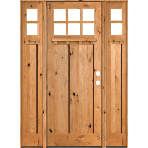Krosswood Doors 64 in. x 96 in. Craftsman Knotty Alder Clear 6-Lite Clear Stain Wood w.DS Left-Hand Single Prehung Front Door/Sidelites