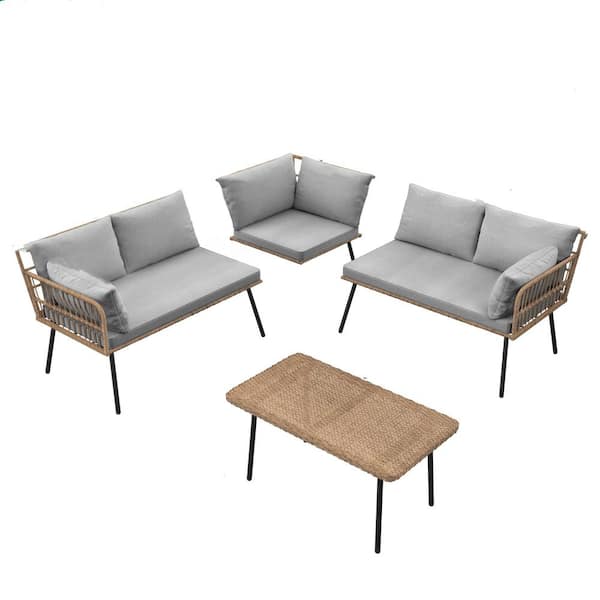 Phewnyzo 4-Piece Brown Wicker Rattan Outdoor L-Shaped Sofa Set, Patio Sectional Set with Gray Cushions, Side Table for Backyard