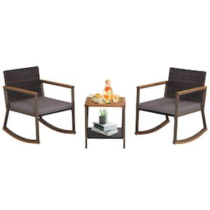 Brown 3-Piece Rattan Wicker Rocking Outdoor Bistro Set with Gray Cushion and Coffee Table