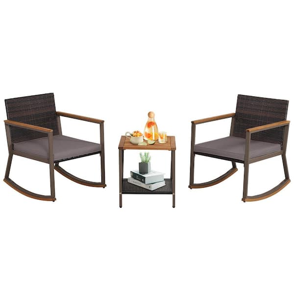ANGELES HOME Brown 3-Piece Rattan Wicker Rocking Outdoor Bistro Set with Gray Cushion and Coffee Table