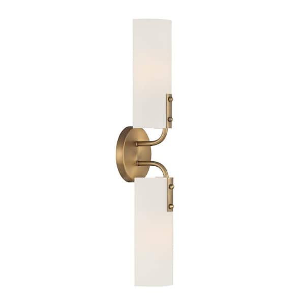 Manhasset 23.5 in. 2-Light Old Satin Brass Modern Wall Sconce with Etched White Glass Shade