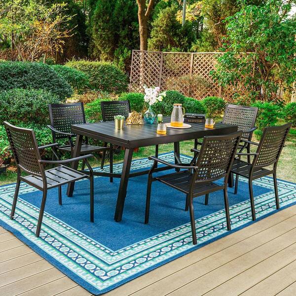 Black 7-Piece Metal Rectangle Patio Outdoor Dining Set with Slat Table and  Textilene Swivel Chairs