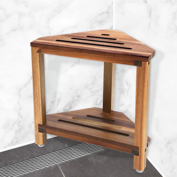 Acacia Wood Corner Shower Stool with Storage Shelf in Brown, Shelf Shower Foot Rest for Shaving Legs