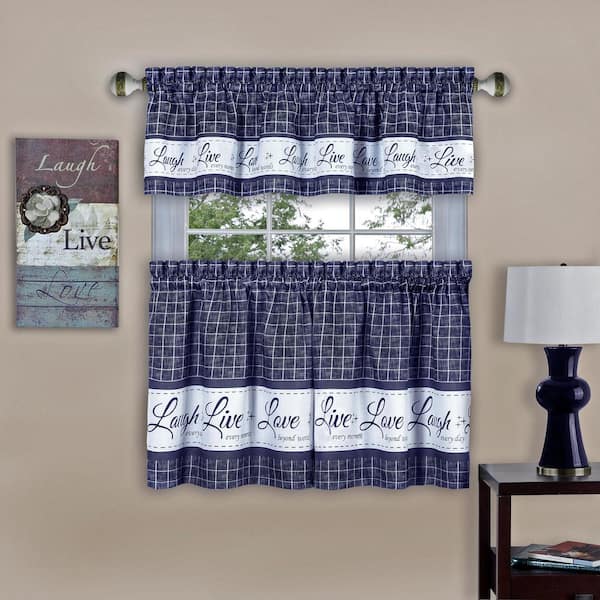 ACHIM Live, Love, Laugh Navy Polyester Light Filtering Rod Pocket Tier and Valance Curtain Set 58 in. W x 36 in. L