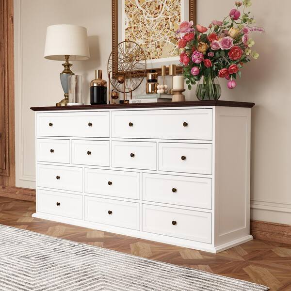 12 Drawer White Wood Chest of Drawer Sideboard Console Table Vintage Style 31.5 in. H x 61 in. W x 15.7 in. D