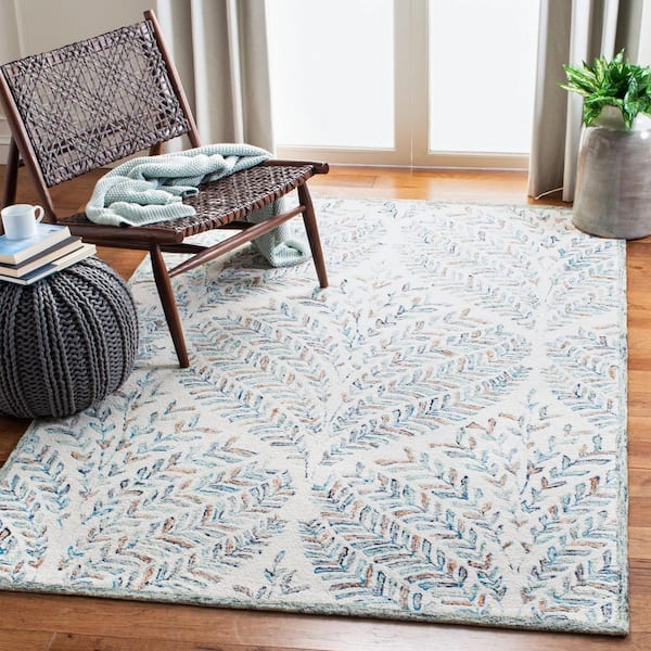 Capri Ivory/Blue 5 ft. x 5 ft. Geometric Leaf Square Area Rug